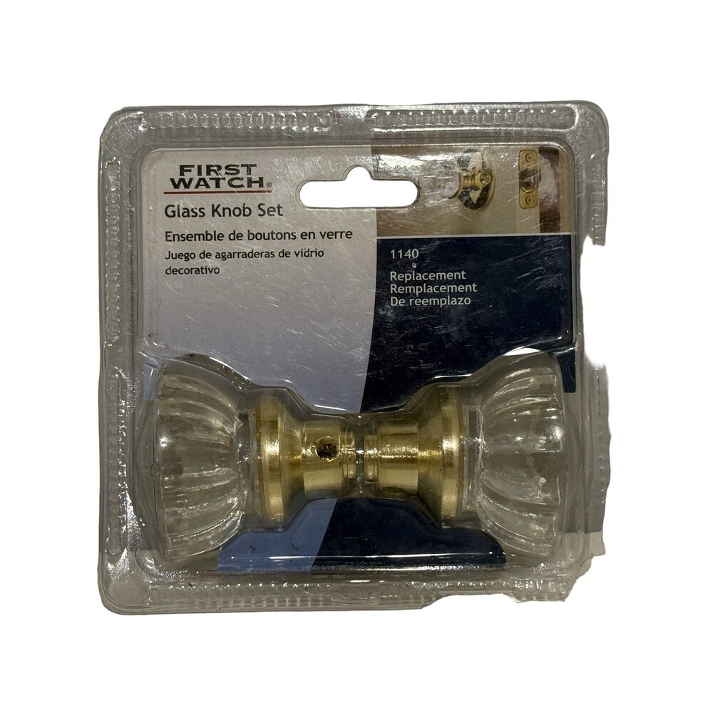 First Watch Glass Knob Set 1140 Door Knob Clear Gold 2 in Art Deco Polished